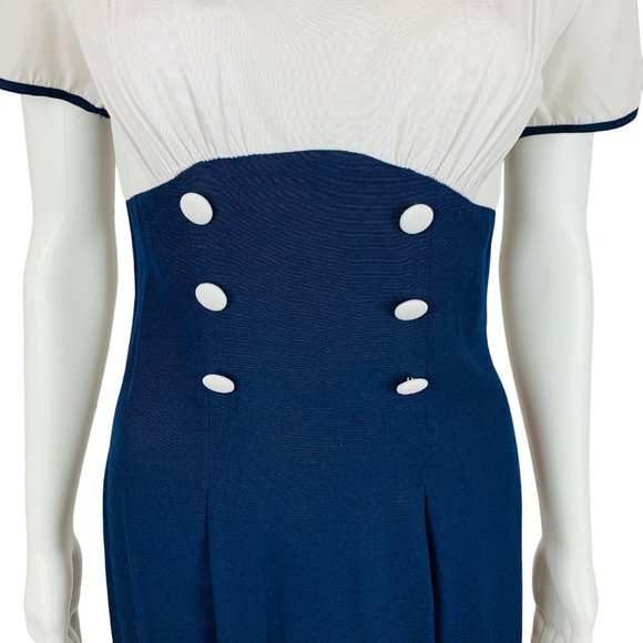 Vintage 1990s Sailor Style Dress Navy Blue White Long Empire Bust Rayon Midi - Picture 4 of 10